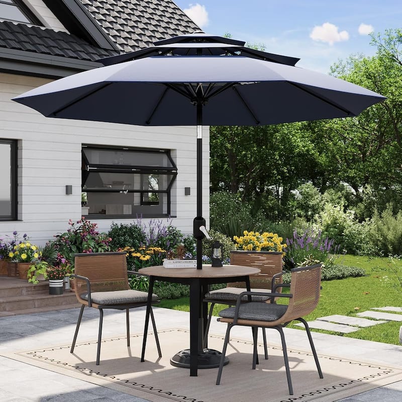 3-Tier 10Ft Patio Umbrella, Easy Crank and Push Button Tilt for Pool, Deck, Yard, Garden (No Base) - Navy Blue