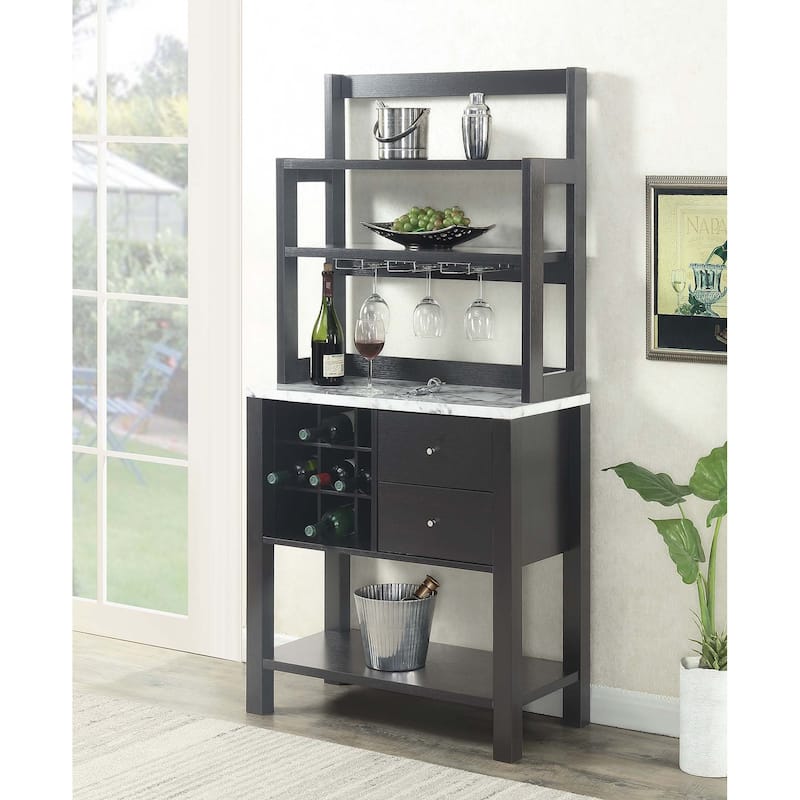 Convenience Concepts Newport 2 Drawer Serving Bar with Wine Rack and Shelves - White Faux Marble/Espresso