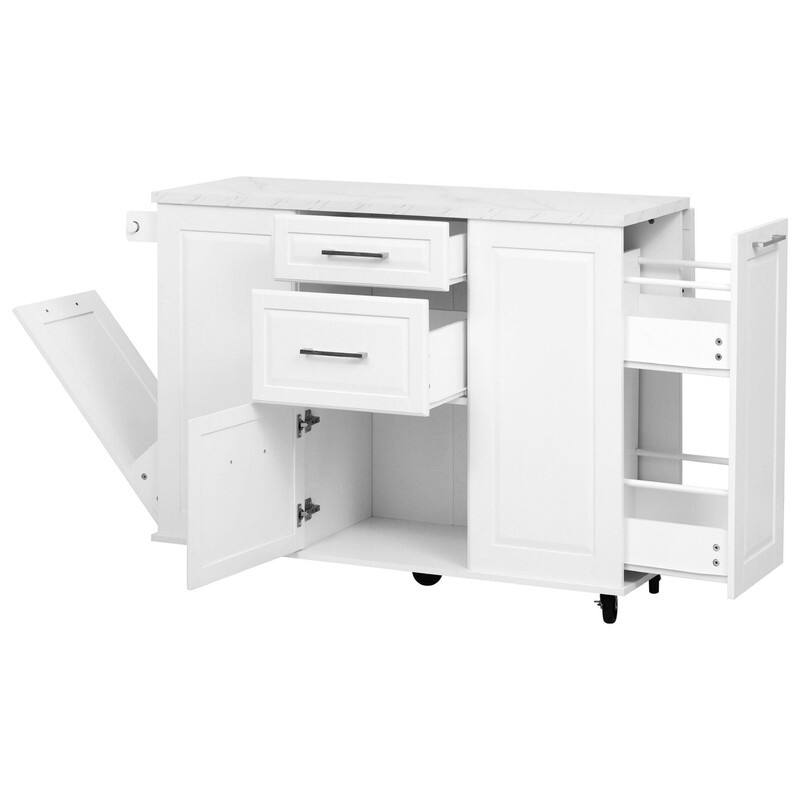 50.7" Kitchen Island with Storage and Concealed Trash Can, Rolling Kitchen Island on 5 Wheels with Drop Leaf, Drawers and Door