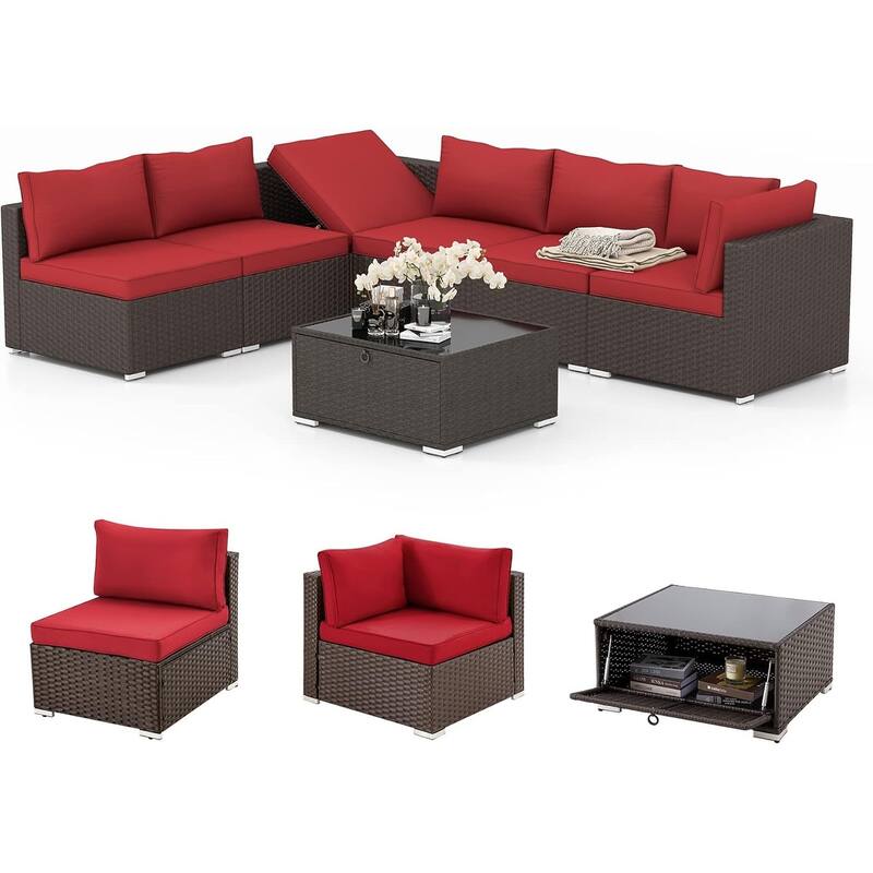 EROMMY 6/7 Piece Modular Outdoor Rattan Sofa Set, All-Weather Wicker Patio Furniture with Storage Table, Cushions & Pillows