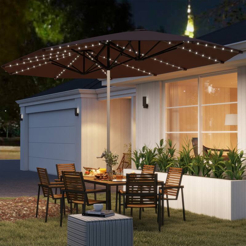 Solar Powered LED Patio Umbrella with UV Protection Outdoor Garden Patio Umbrella with LED Lights Crank Lift