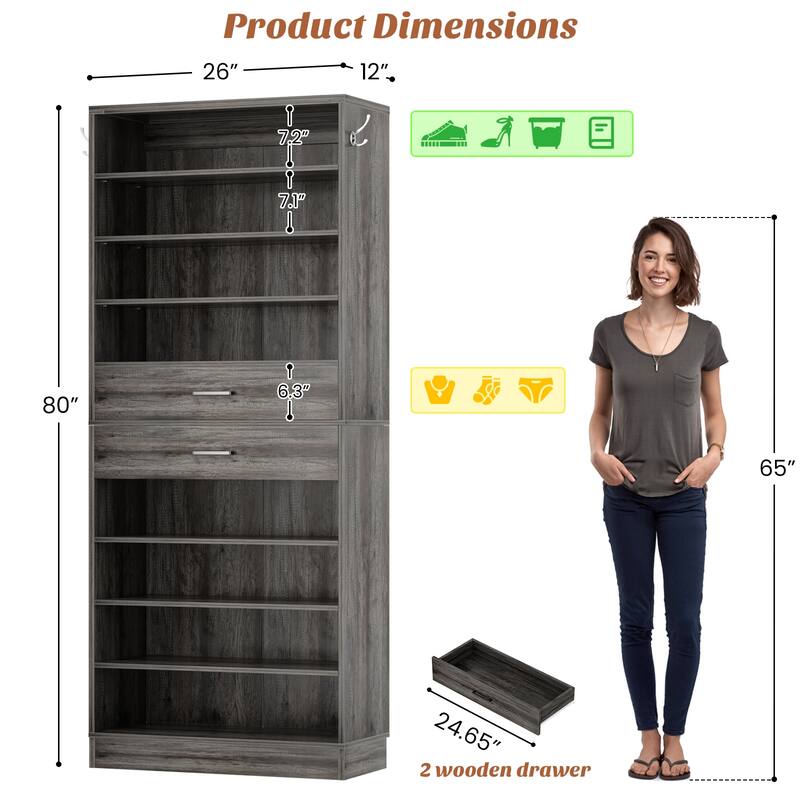 9-Tier Shoe Cabinet with 2 Drawers, Freestanding Closet Organizer with Adjustable Storage Shelves