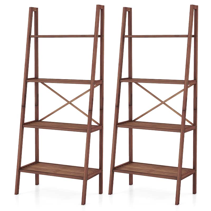 Gymax 2 PCS 4-Tier Bamboo Ladder Bookshelf 58'' Display Shelf Storage