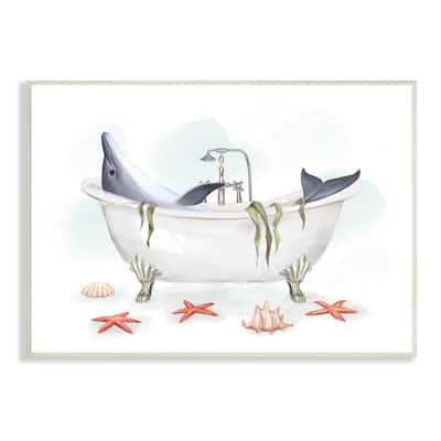 Stupell Dolphin Lounging in Bath Tub Nautical Shells Wood Wall Art - Off-White