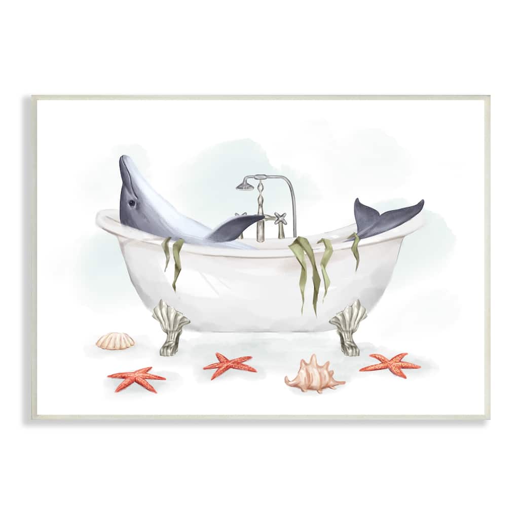 Stupell Dolphin Lounging in Bath Tub Nautical Shells Wood Wall Art - Off-White
