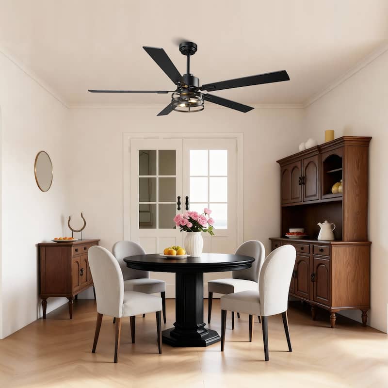 Vaczon 52" Industrial Reversible Wood 5-Blade Black Ceiling Fan with Light and APP Control