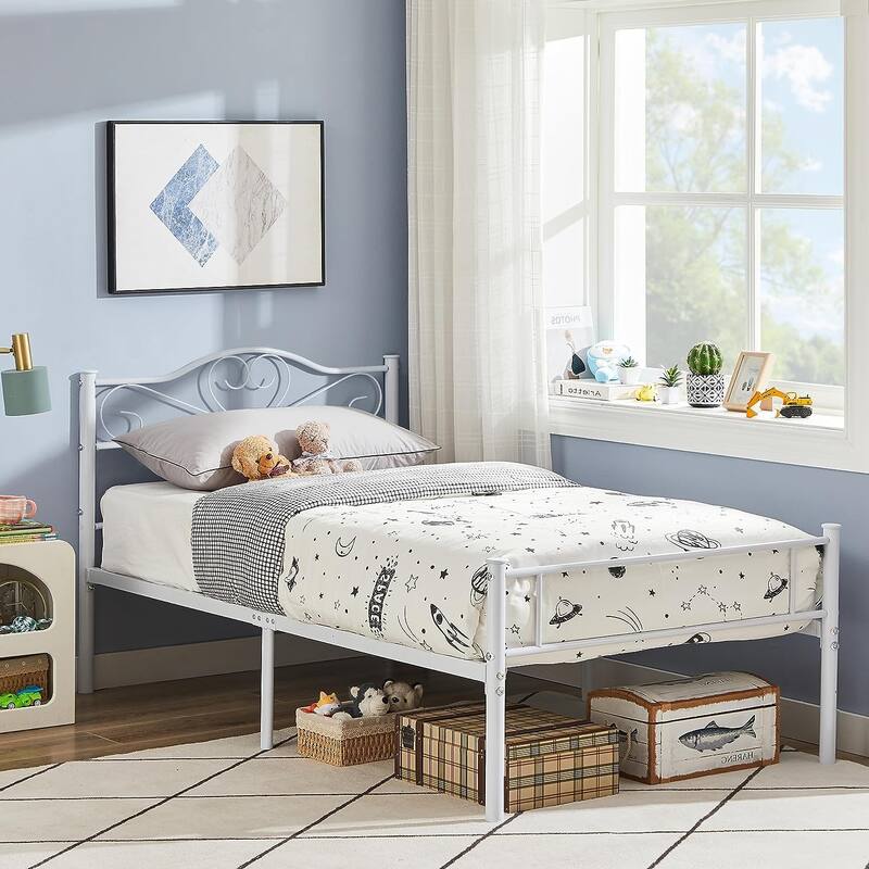 VECELO Victoria Metal Platform Bed Frames with Heart Pattern Headboard 12.6" Underbed Space No Box Spring Required