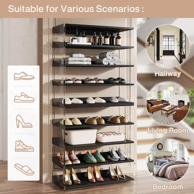 8-Tier Acrylic Shoe Rack, Modern Shoe Storage with Wood Shelves