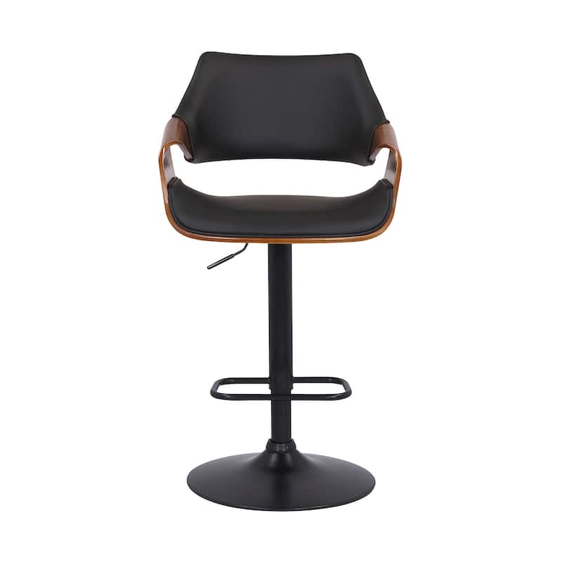 Black Leather and Walnut Wood and Black Swivel Adjustable Bar Stool