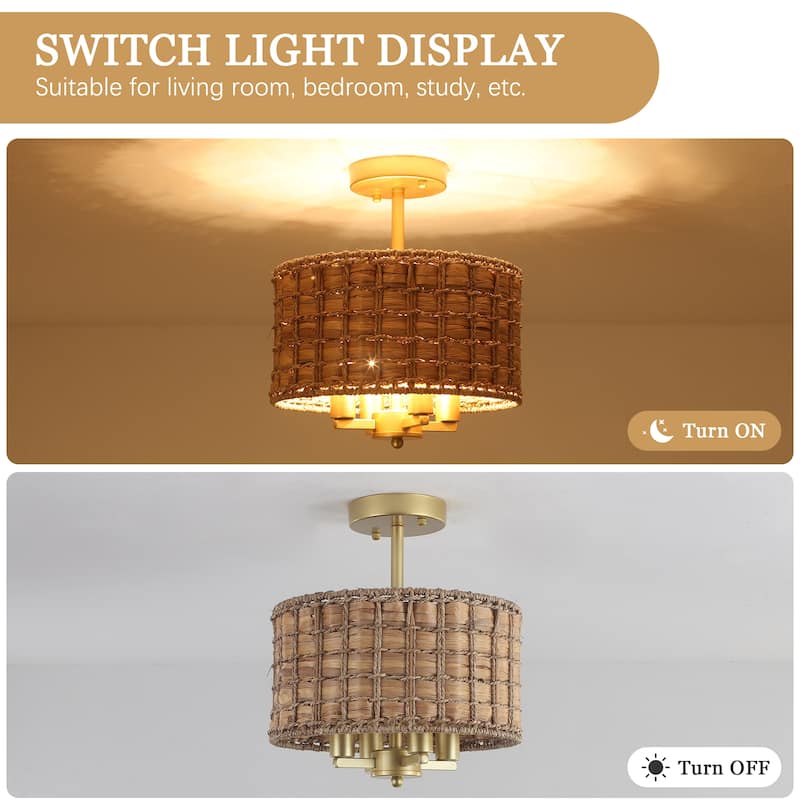 4-Light Classic Candlestick Hanging Semi Flush Mount Ceiling Lighting Chandelier with Rattan Shade for Dining Room