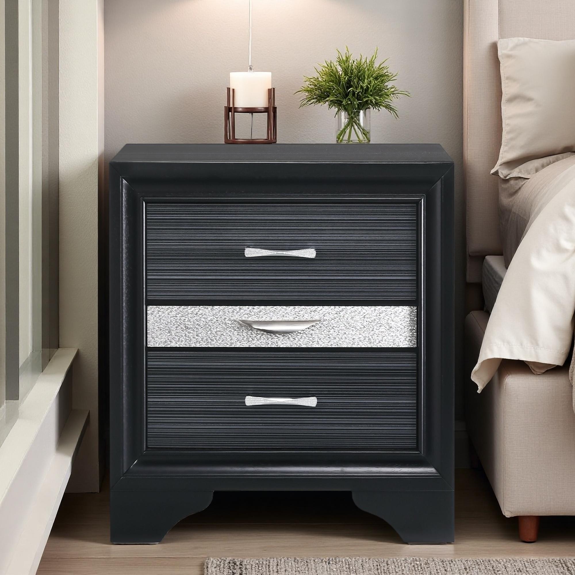 26.5"L Rubberwood & 3D Foil Veneer Nightstand with 2 Drawers & Felt-Lined Jewelry Drawer