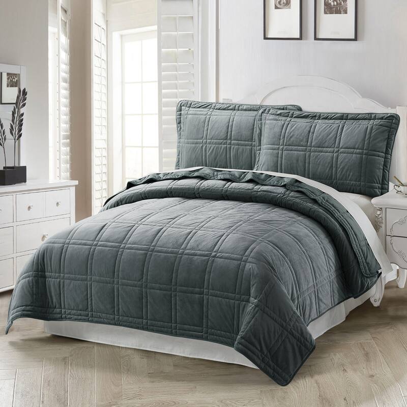 Home Soft Things 3 Piece Box Quilted Micromink Bedspread 102" x 90" - Grey - King