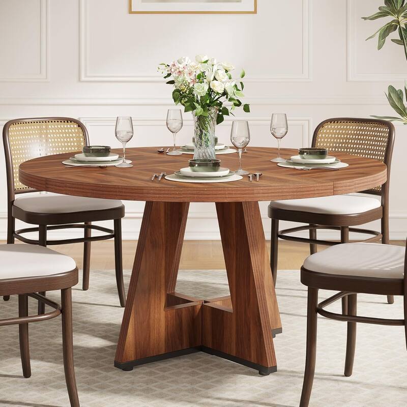 47" Round Wood Dining Table 4-Seater Farmhouse with Wooden Tabletop Cross Base for Dining Room/Kitchen