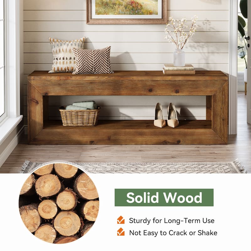 Solid Wood Entryway Bench, 47" Rustic Farmhouse Indoor Bench Seat with Storage Shelf for Entrance