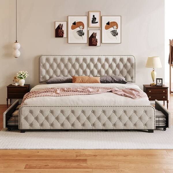 Upholstered King Size Metal Support Bed Frame with Drawers On Sale