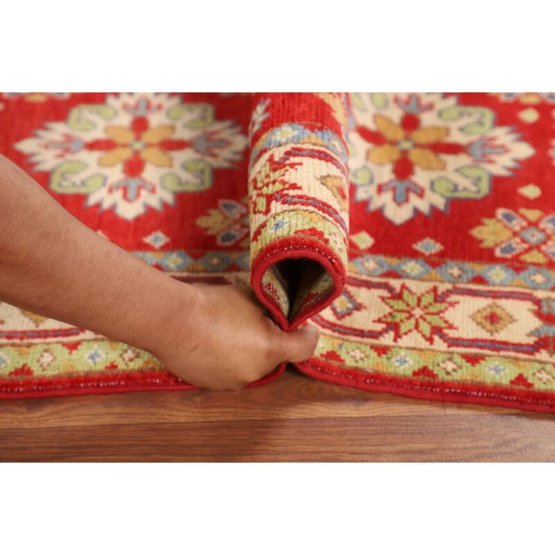 Geometric Red Kazak Oriental Runner Rug Hand-Knotted Wool Carpet - 2'2" x 6'3"