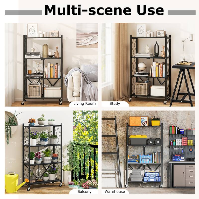 Gymax 2PCS 4-tier Foldable Storage Shelving Unit w/4 Universal Wheels