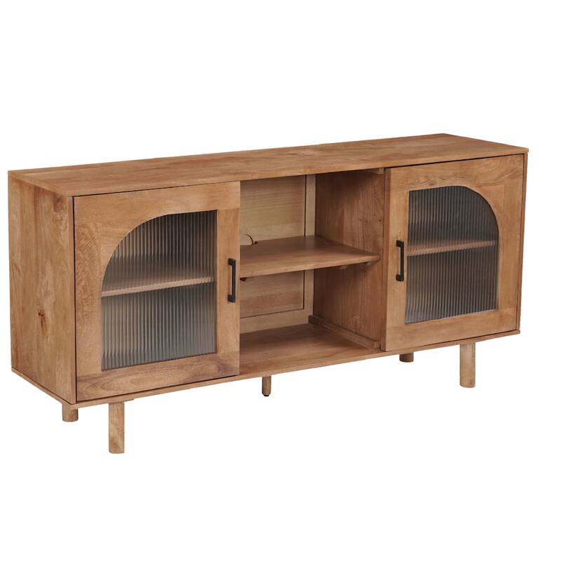 64 Inch James TV Stand Console, 2 Arch Glass Door Cabinets & Shelves, Walnut Brown Mango Wood