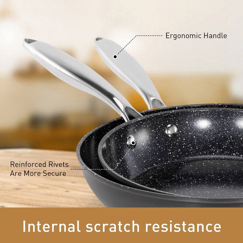 2/3-Piece Black Hard Anodized Non-Stick Fry Pan Set, Safe and Wear-Resistant Ceramic Coating with Stainless Steel Handle