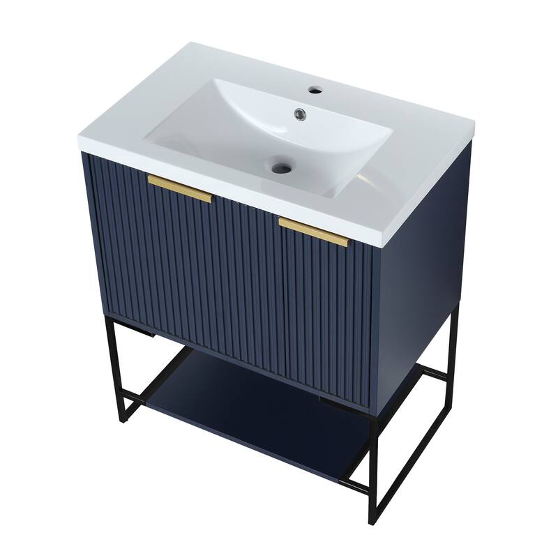 30 inch Plywood Freestanding Bathroom Vanity Set in Navy Blue with Integrated Resin Sink