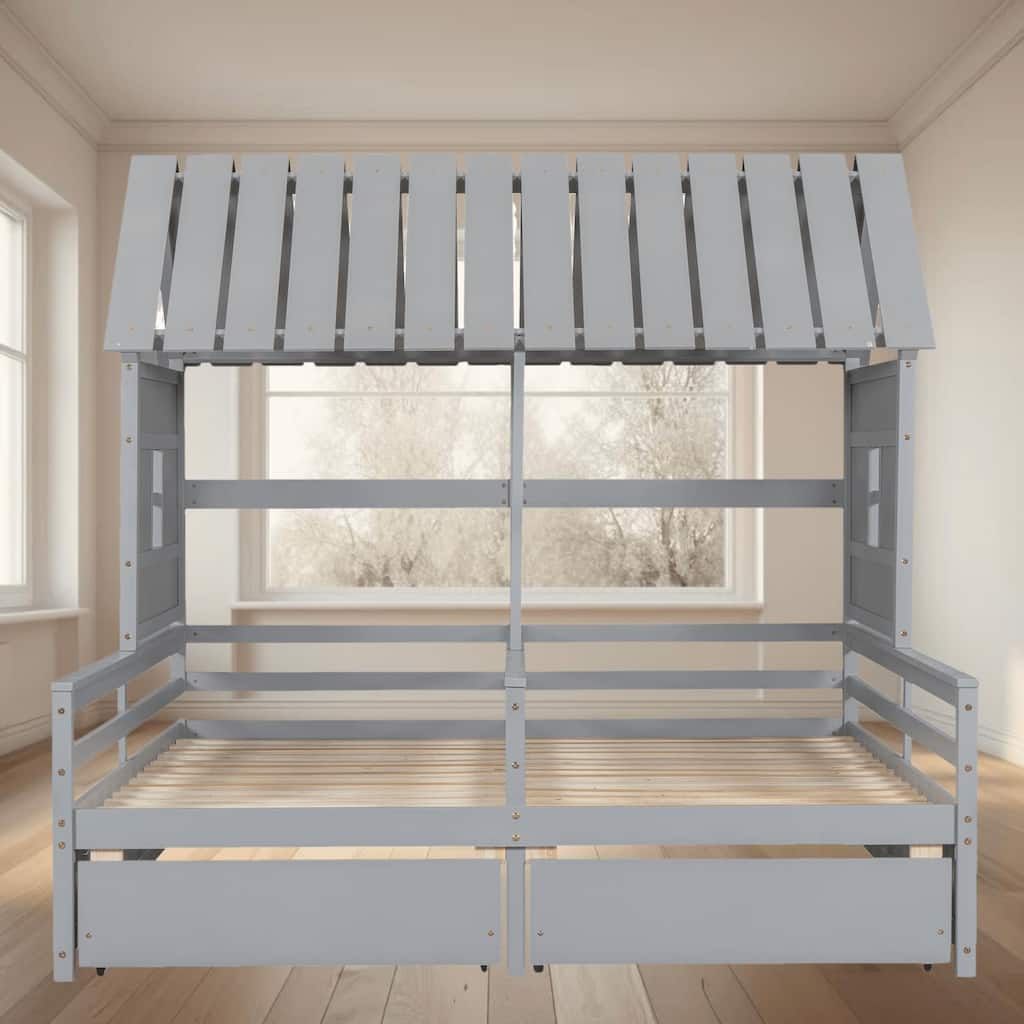 Twin Size House Platform Bed Frame with 2 Storage Drawers, Fun Bunk Bed with Roof and Window for Boys and Girls Bedrooms