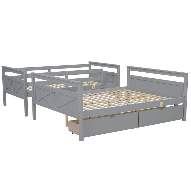 Gray Twin over Full Size Pine Wood Bunk Bed with Ladder, Two Storage Drawers, Safety Guardrail