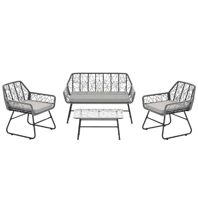 4-Piece Outdoor Woven Rattan Cnversation Sofa Set with Tempered Glass Coffee Table and Waterproof Cushions