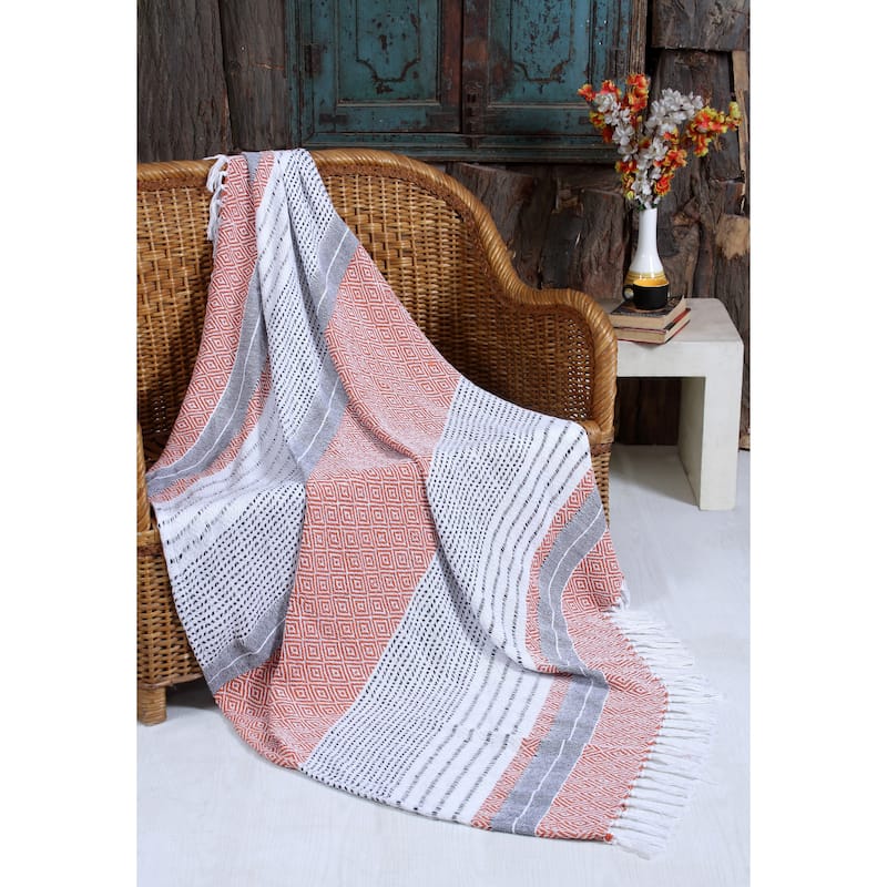 Handwoven Chevron Cotton Throw Blanket - All-Season Comfort with Boho-Chic Style! - Diamond Orange