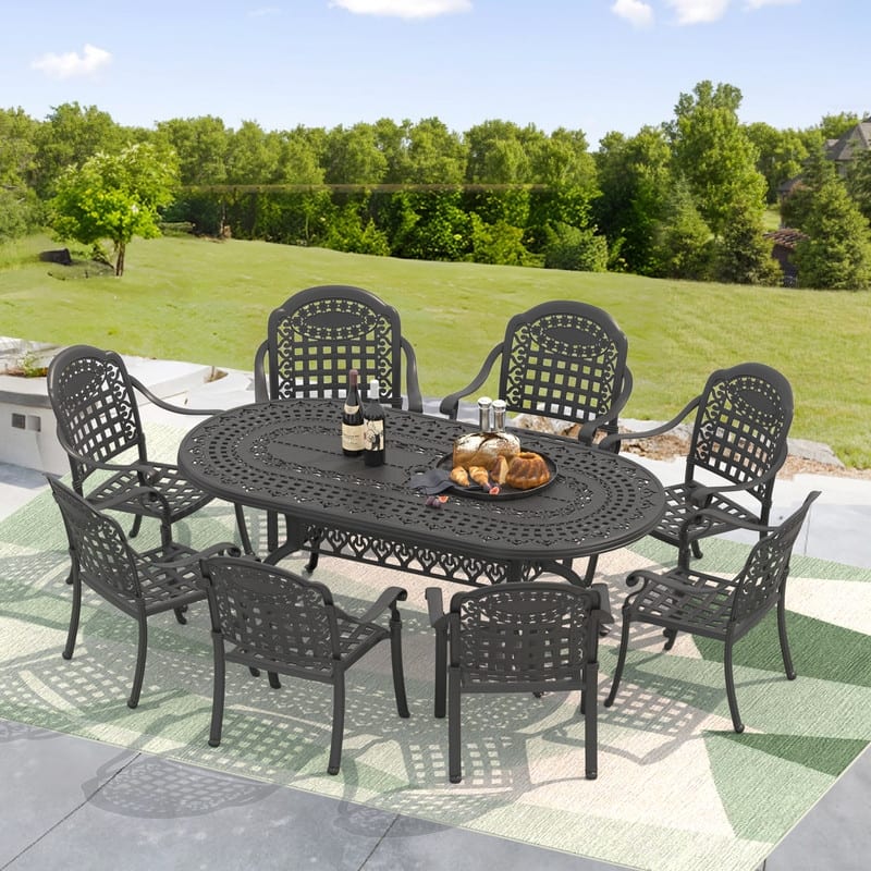 9-Piece Cast Aluminum Outdoor Dining Set with Blue Seat Cushions