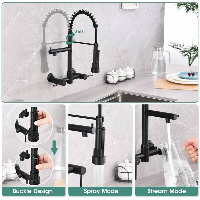 Dornberg Wall Mount Kitchen Faucet with Pull Down Sprayer, Spring Faucet