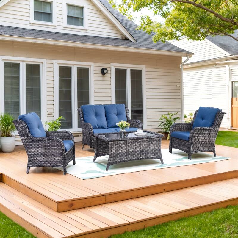 Patio Loveseat Glider with 2 Club Chair and Coffee Table - Blue - Grey