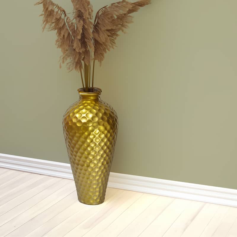 Decorative Modern Gold Metal Hammered Floor Vase - Elegant 25-Inch-Tall Bottle Shape for Entryway, Living Room, or Dining Room