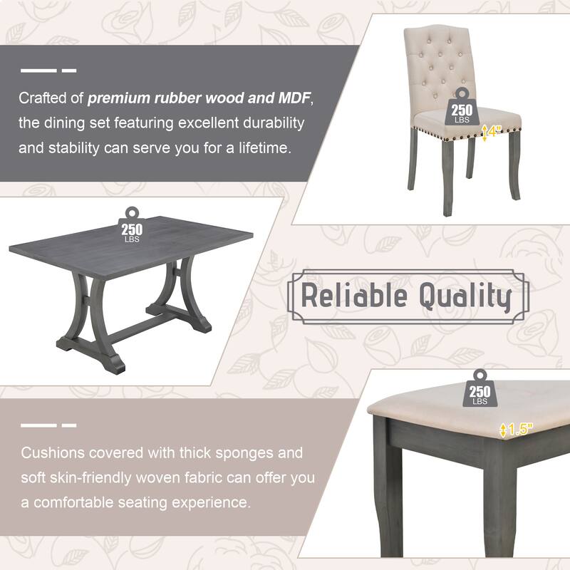 6 Piece Dining Table Chair Set, Wooden Kitchen Furniture Set with Rectangular Table, 4 Upholstered Chairs and Bench