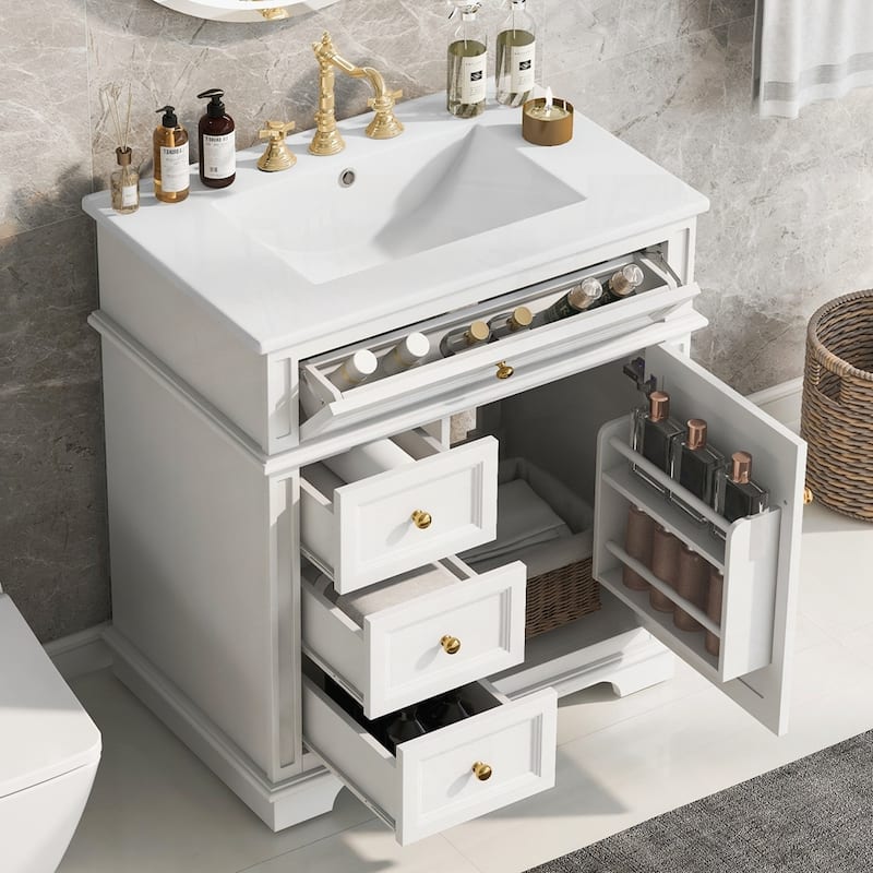 30" Bathroom Vanity with Sink and One Tip-out Drawer - White