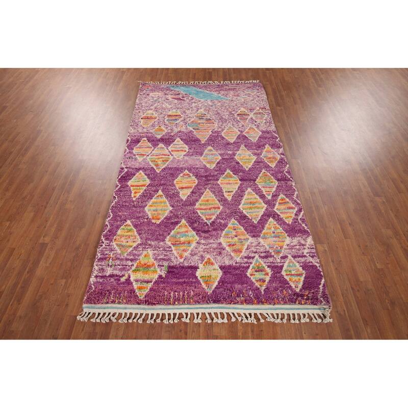 Geometric Purple Moroccan Abstract Area Rug Hand-Knotted Wool Carpet - 5'8"x 10'3"