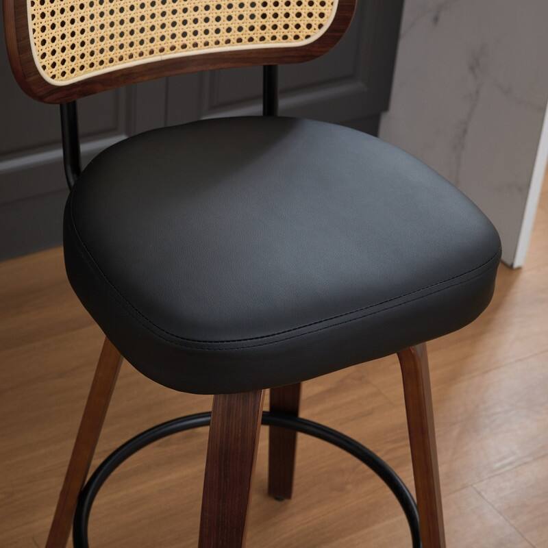 26" Swivel Rattan Bar Stools - Walnut Finish Counter Height Stools with Upholstered Seat
