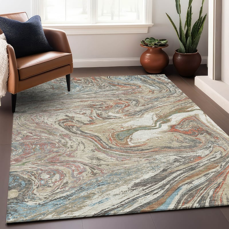 Machine Washable Indoor/ Outdoor Abstract Brushstroke Chantille Rug - Beige - 3' x 5'