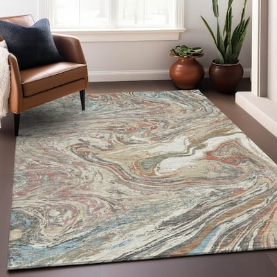 Machine Washable Indoor/ Outdoor Abstract Brushstroke Chantille Rug