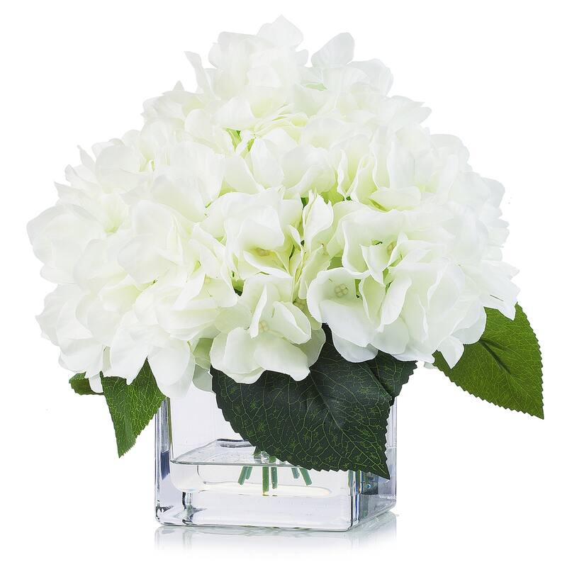 Enova Home Artificial Silk Hydrangea Fake Flowers Arrangement in Cube Glass Vase with Faux Water for Home Office Decoration - Cream