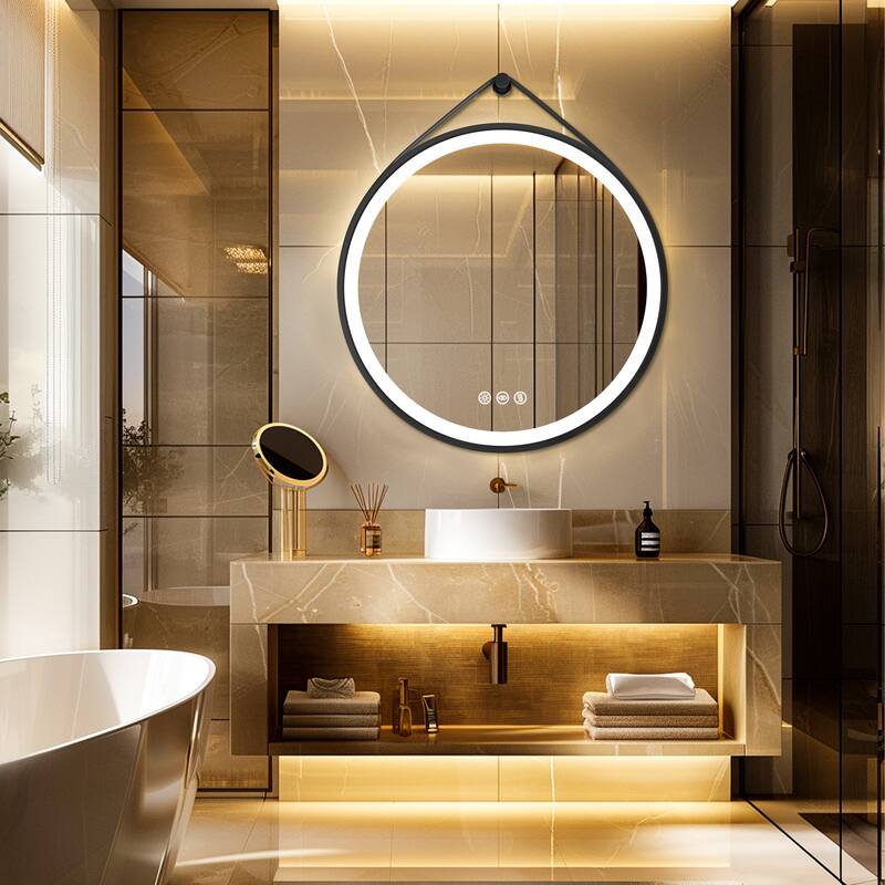 Round Black Framed Bathroom Mirrors Vanity Lighting with Microfiber Leather Hanging Strap