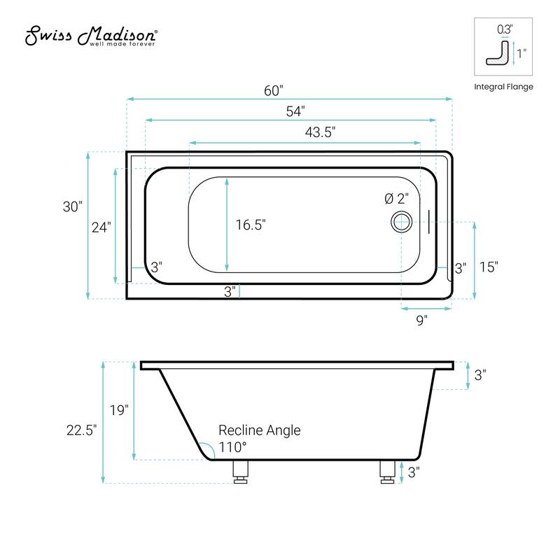 Voltaire 60 X 30 Right Drain Soaking Alcove Bathtub In Glossy White With Integrated Overflow, Drain Included