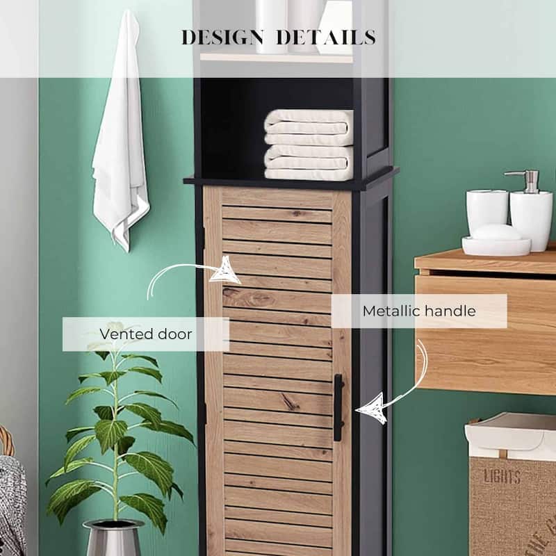 Tall Bathroom Storage Cabinet with Open Shelves and Vented Door, Black and Brown - Bergen Collection - 12 7/8"L x 10.4"W x 68"H