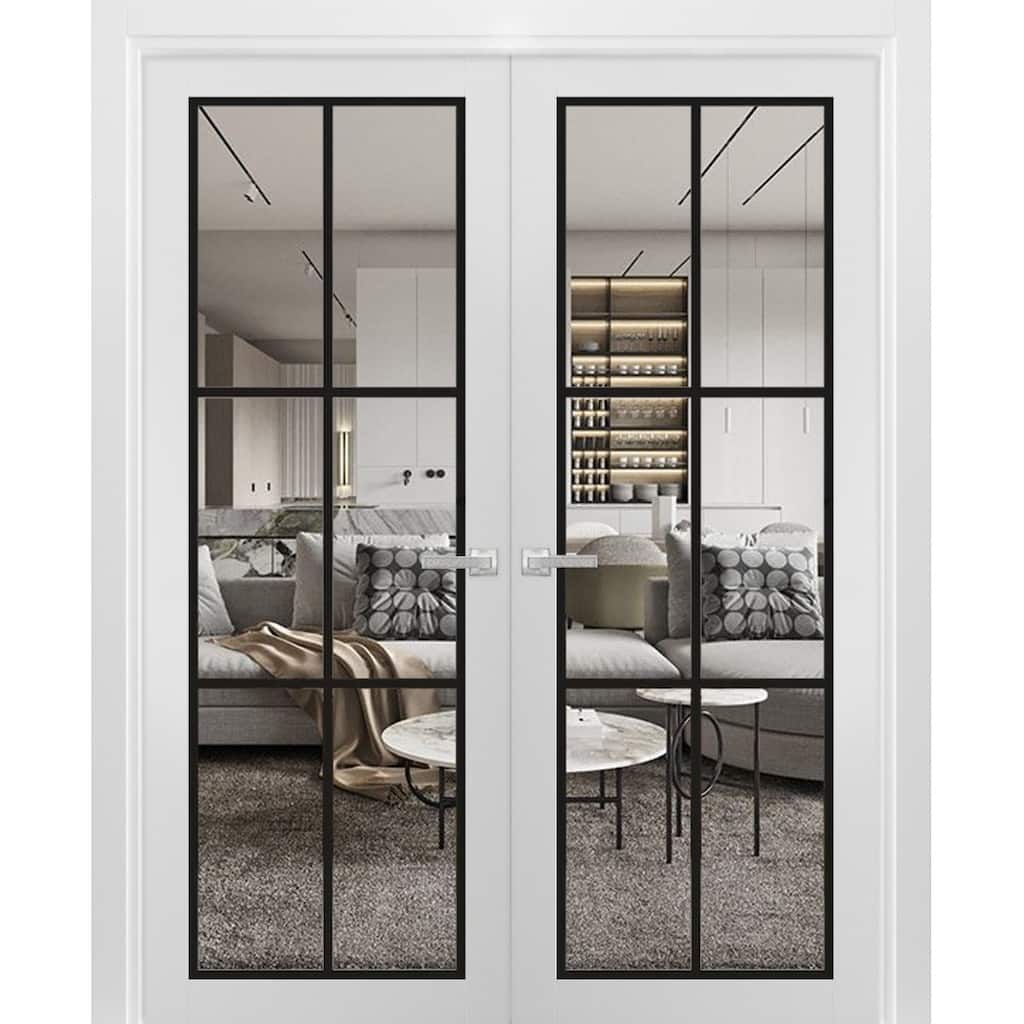 Solid French Double Doors 36 x 80 Lucia 2366 White Silk Clear Glass