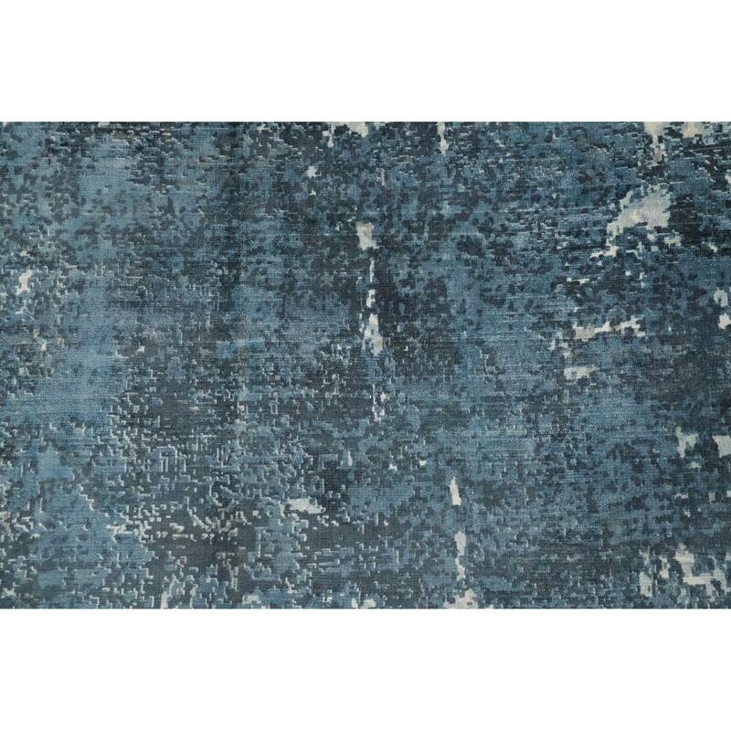 Hand Knotted Oriental Viscose Silk Carpet Modern Pictorial Navy Blue & Blues Abstract Area Rug - 7' 5'' X 5' 3''