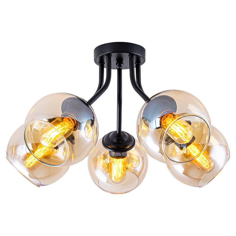 5 Lights Semi-Flush Mount Ceiling Light with Amber Glass Shade Sputnik - Dia.20.47-in