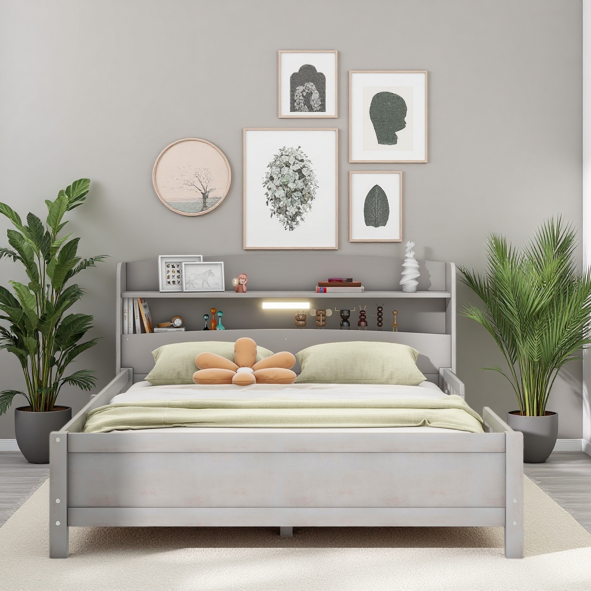 Wood Platform Bed with Built-in LED Light, Storage Headboard, and Guardrail