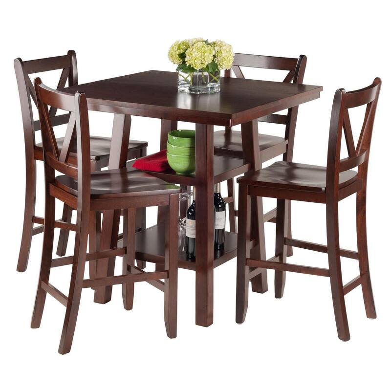 Bohemian Bar Table with 4 Stools - High Dining Set, Walnut Finish, 33.8" Square Table
