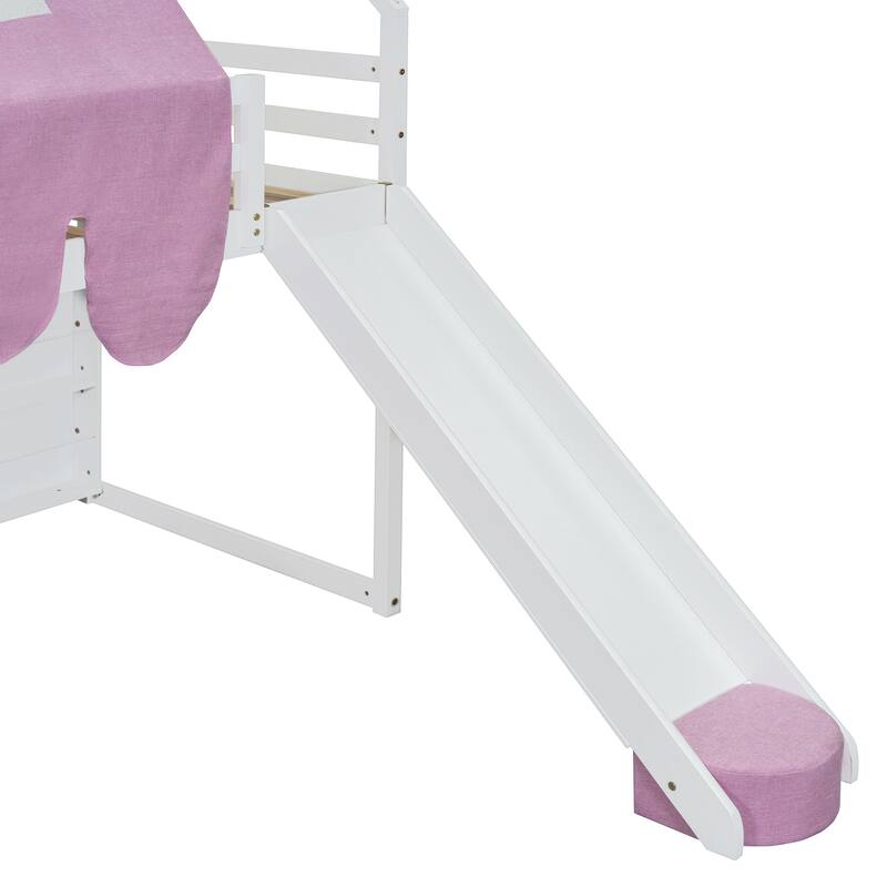 Twin Size Wooden Loft Bed with House-Shaped Frame, Tent, Slide, and Storage, White and Pink