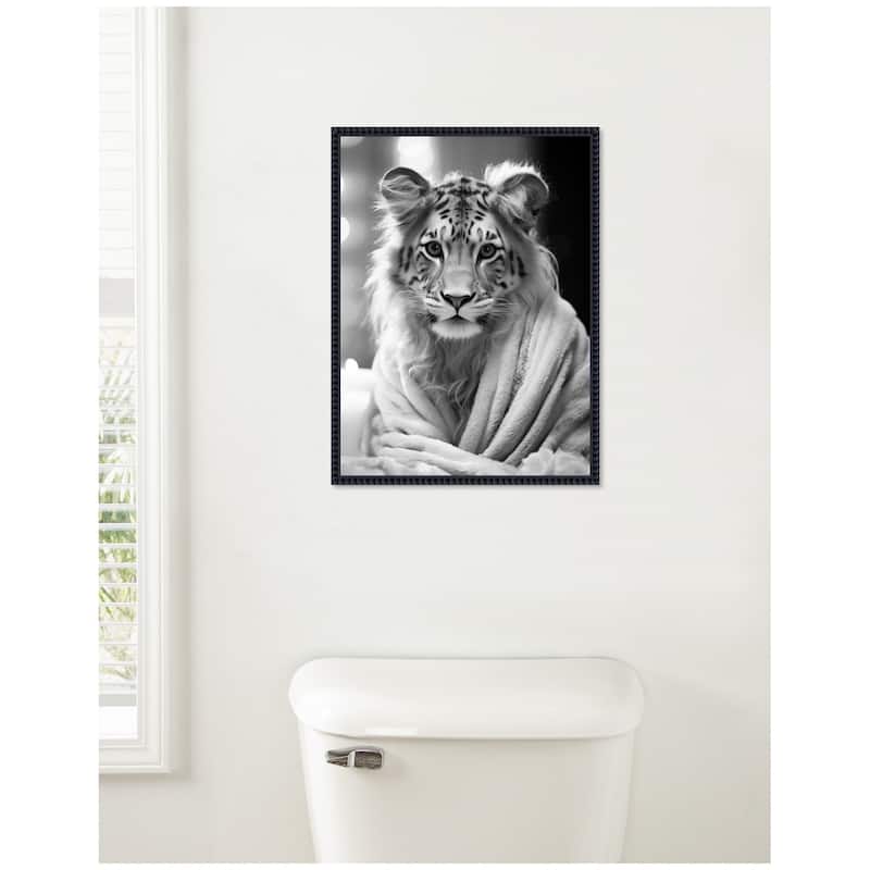 Kate and Laurel Sylvie Tiger Glam Bathroom Towel Robe Black and White Framed Canvas by The Creative Bunch Studio