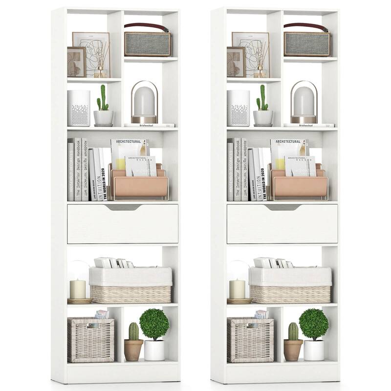 Costway 1/2 PCS 61” Bookcase with Drawer, 8 Open Cubes, Anti-toppling - See Details - White-2 PCS